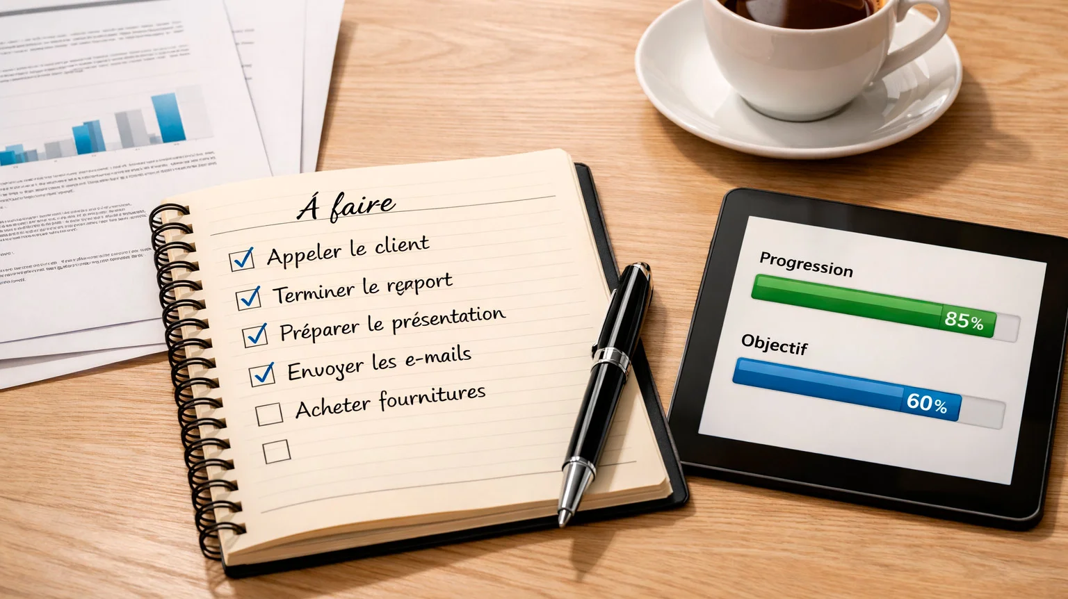 Documents et bloc-notes sur un bureau avec un stylo prêt à noter des informations importantes