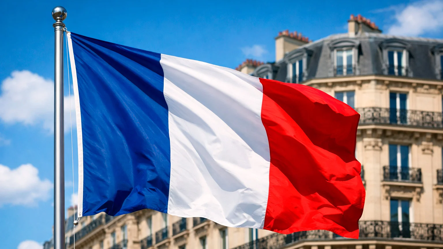 Drapeau français flottant devant un bâtiment administratif symbolisant la régulation