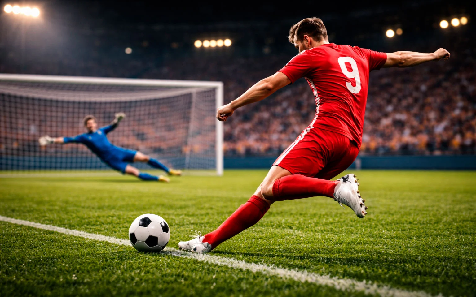 Attaquant de football en action devant les cages adverses