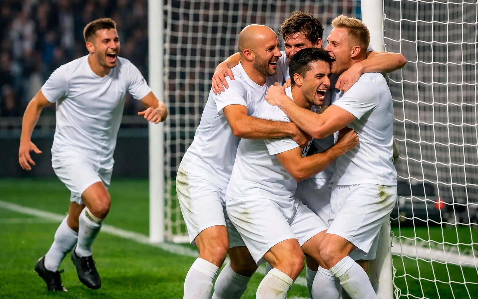 Joueur de football célébrant un but avec ses coéquipiers