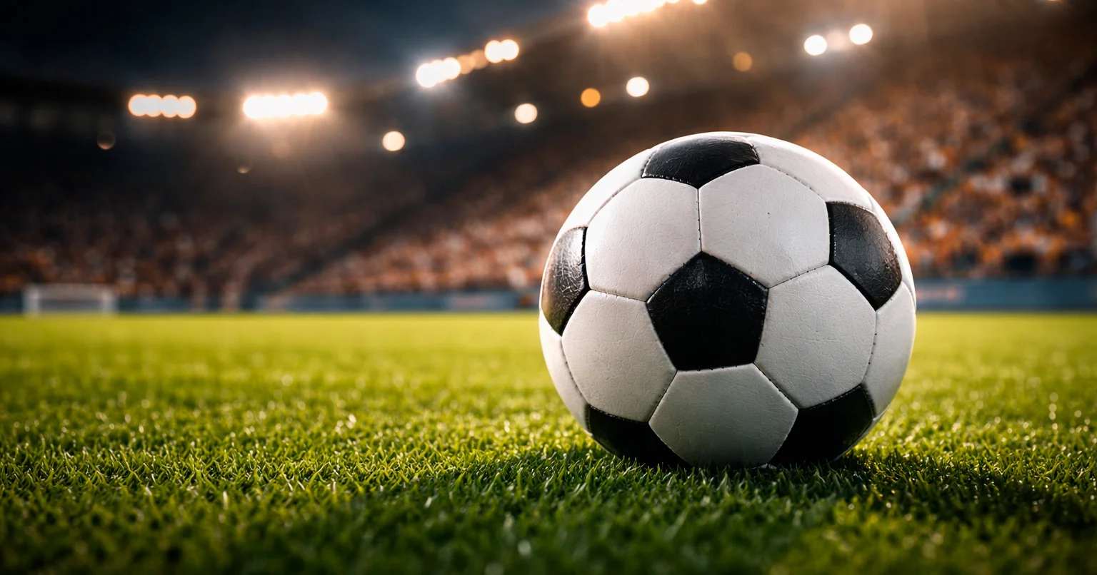 Ballon de football sur pelouse verte avec stade illuminé en arrière-plan