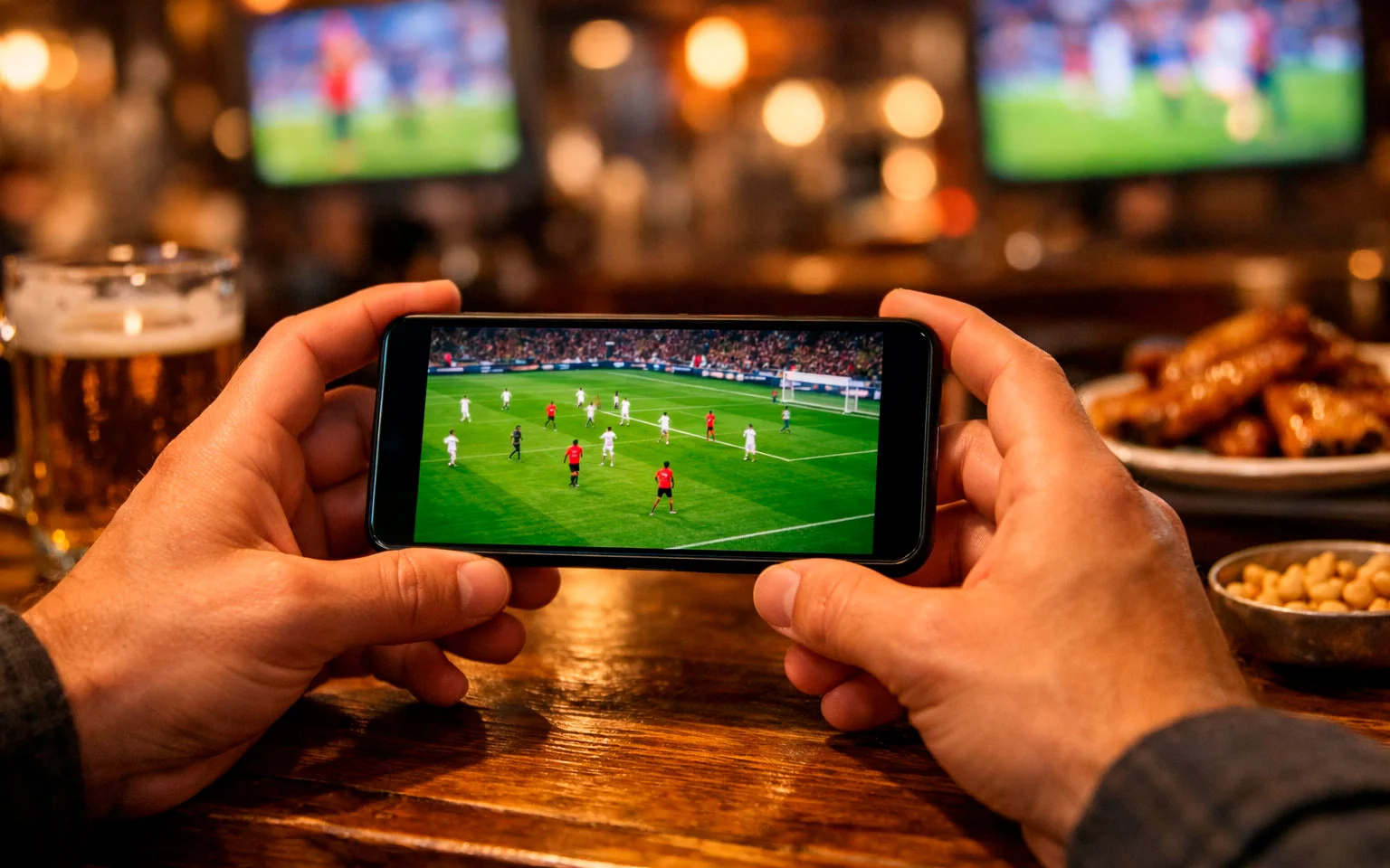 Personne regardant un match de football sur smartphone dans un bar sportif