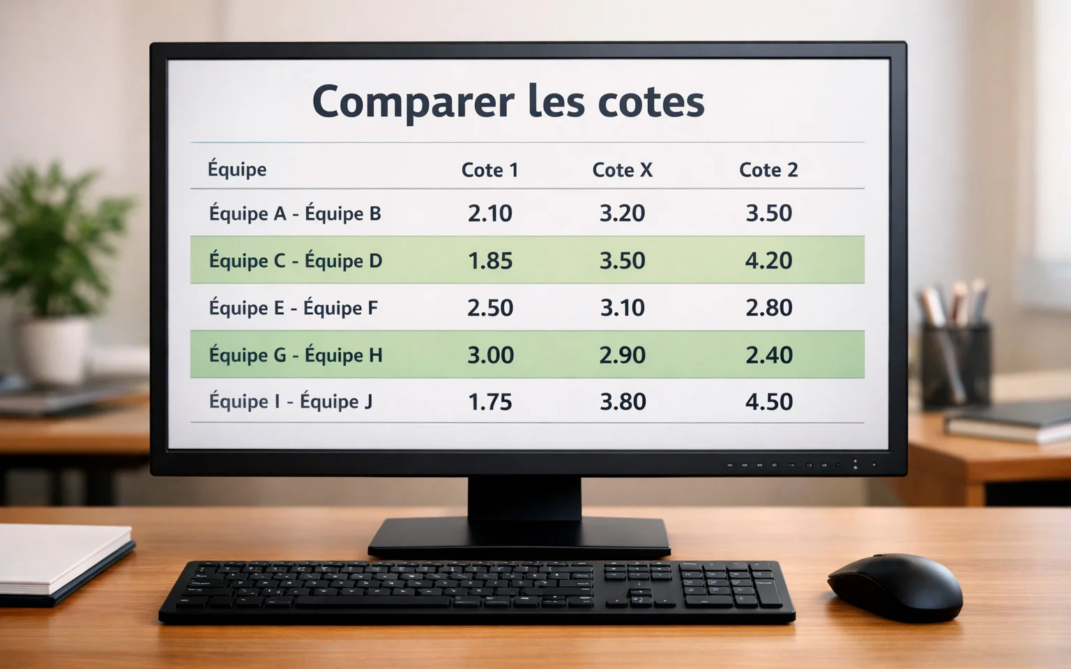 Écran d'ordinateur affichant un tableau de comparaison avec lignes colorées