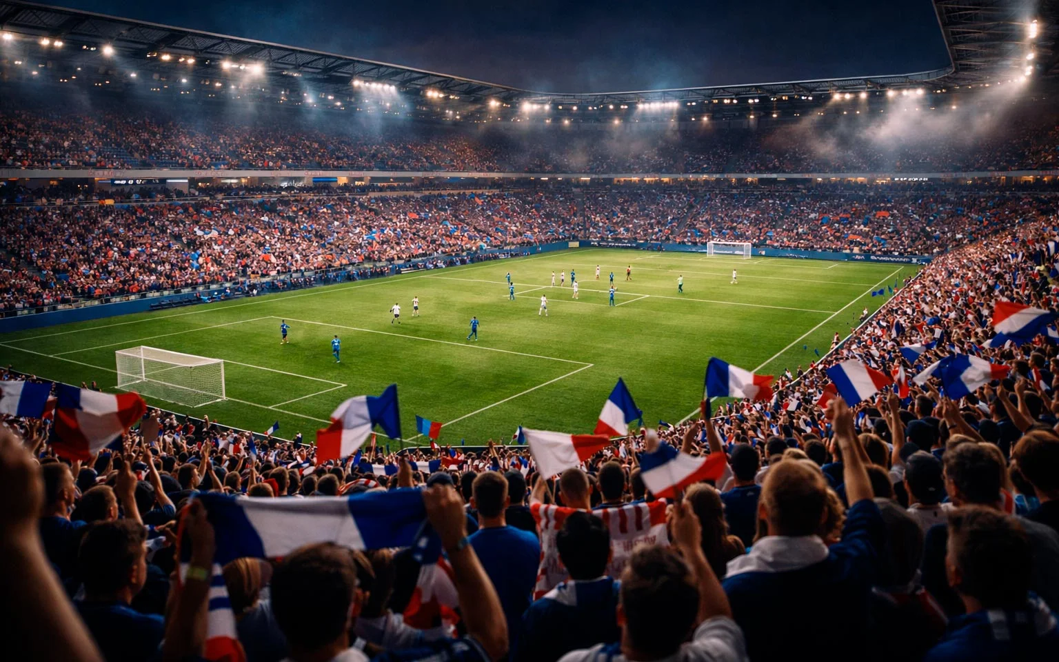 Stade de football rempli de supporters lors d'un match de Ligue 1