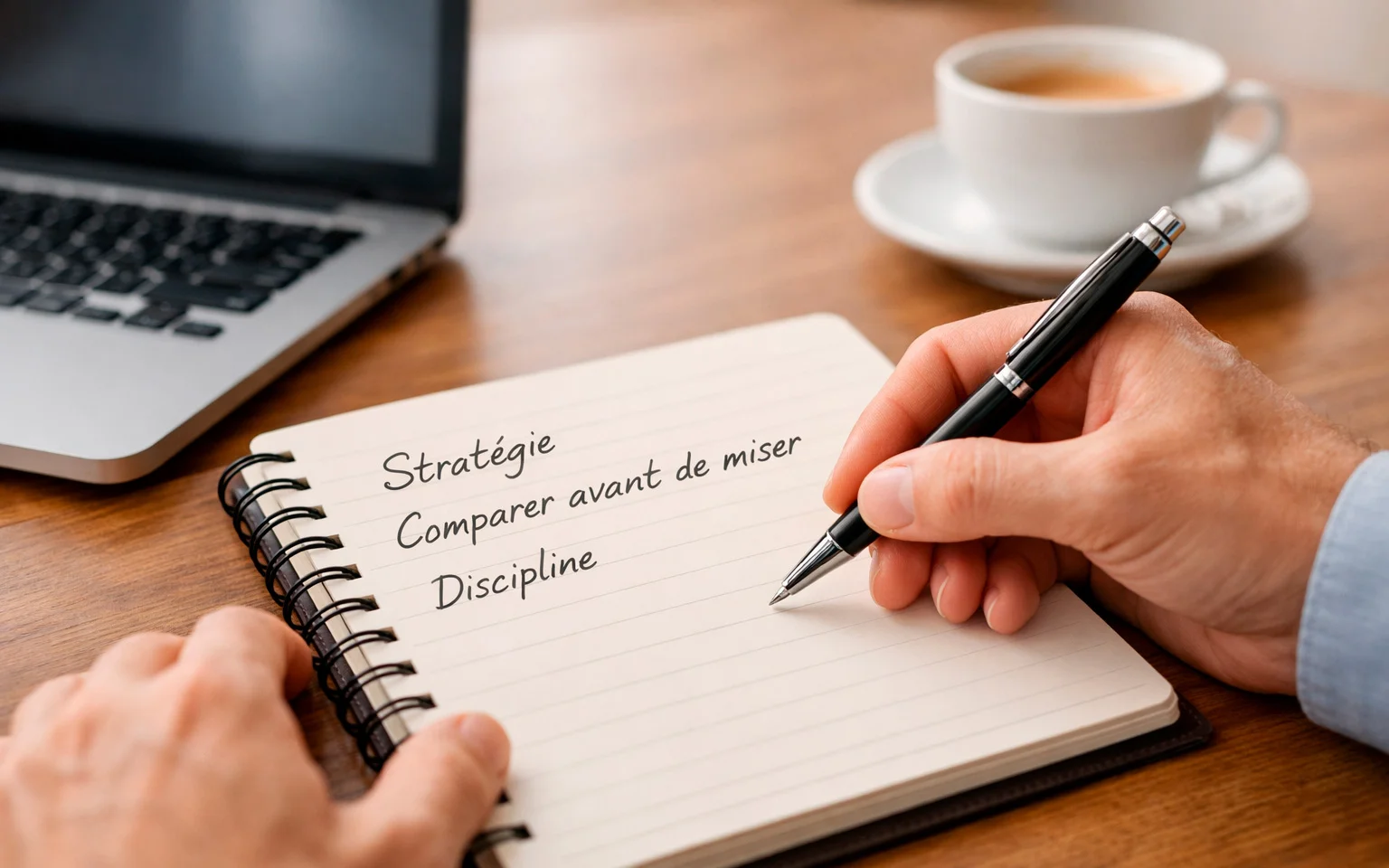 Personne prenant des notes sur un carnet avec stylo à côté d'un ordinateur