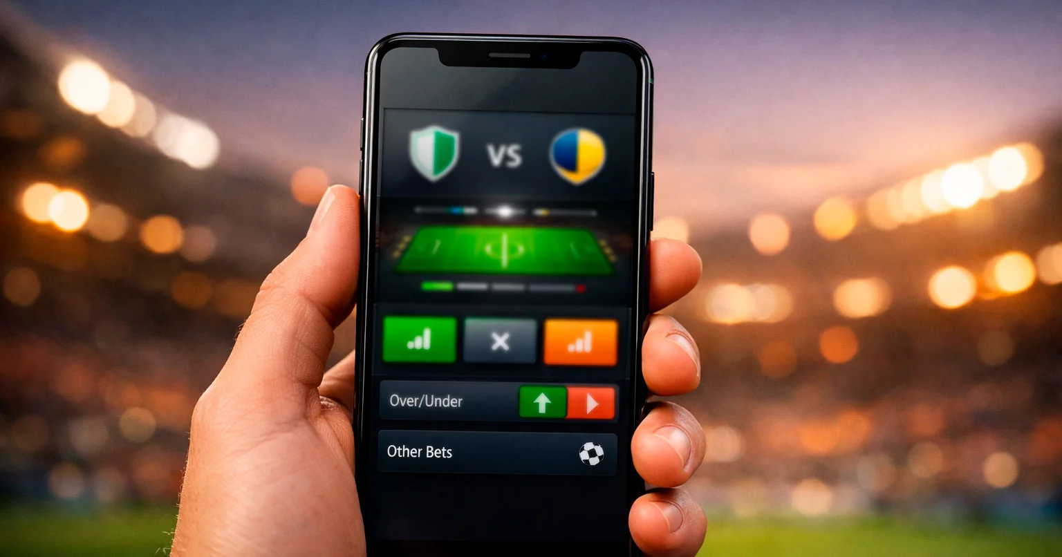 Smartphone affichant une application de paris sportifs avec match de football