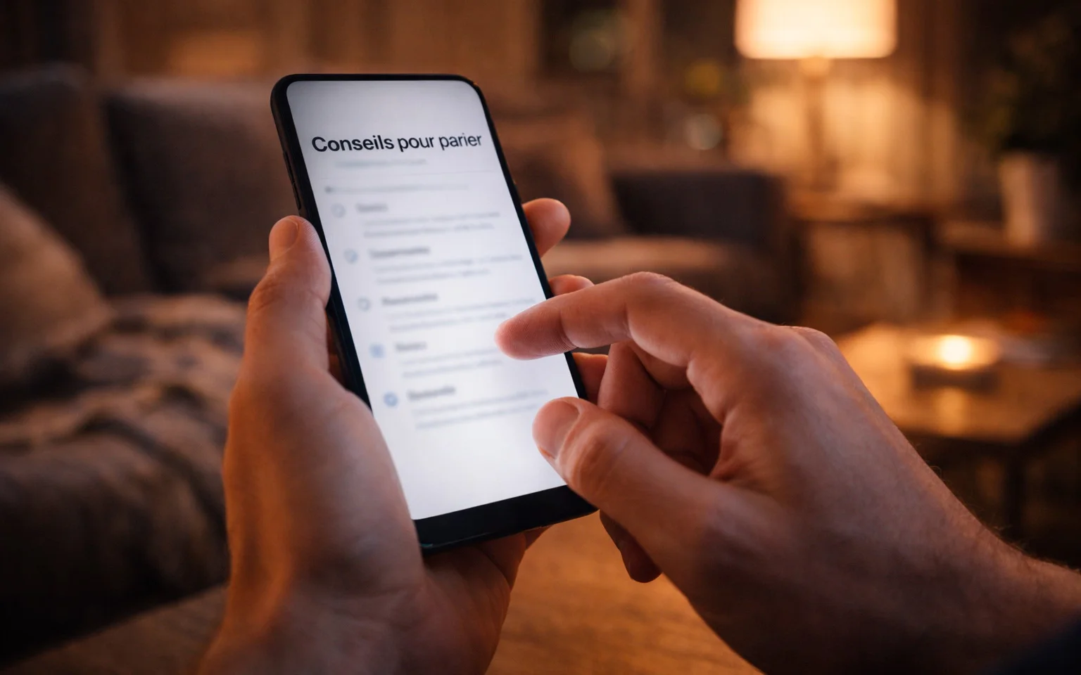 Mains tenant un smartphone avec écran lumineux en soirée