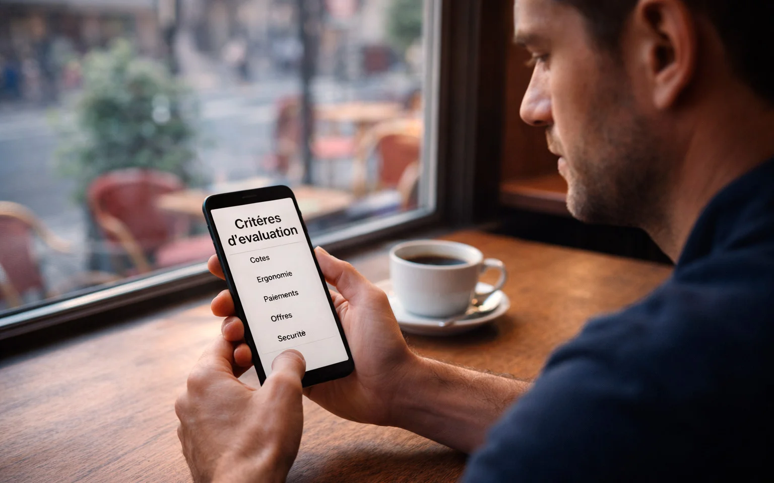 Personne utilisant une application mobile sur smartphone dans un café