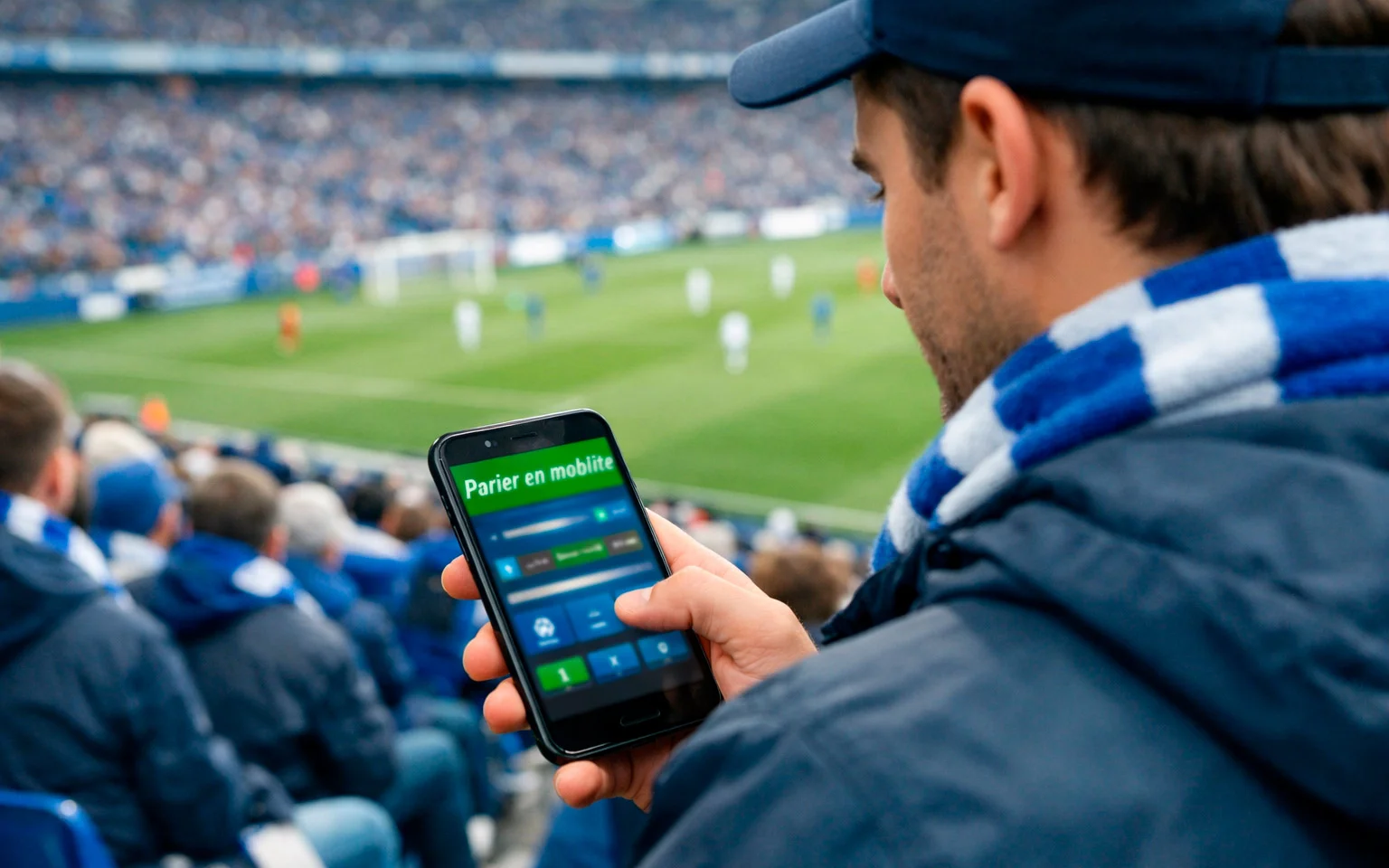 Supporter regardant un match de football sur son téléphone dans les tribunes