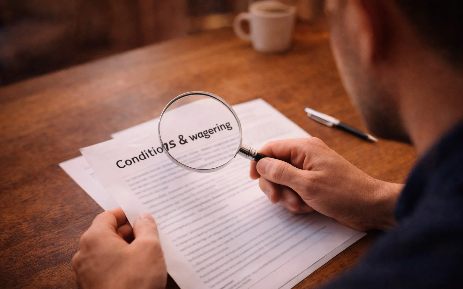 Personne lisant attentivement des documents avec une loupe