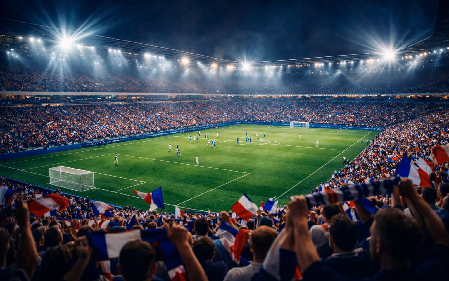 Stade de football illuminé lors d'un match de soirée européenne