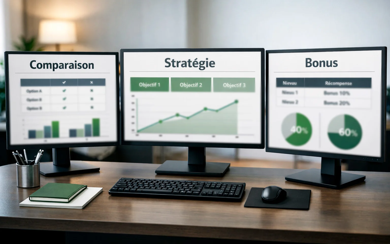 Plusieurs écrans d'ordinateur affichant des tableaux et données
