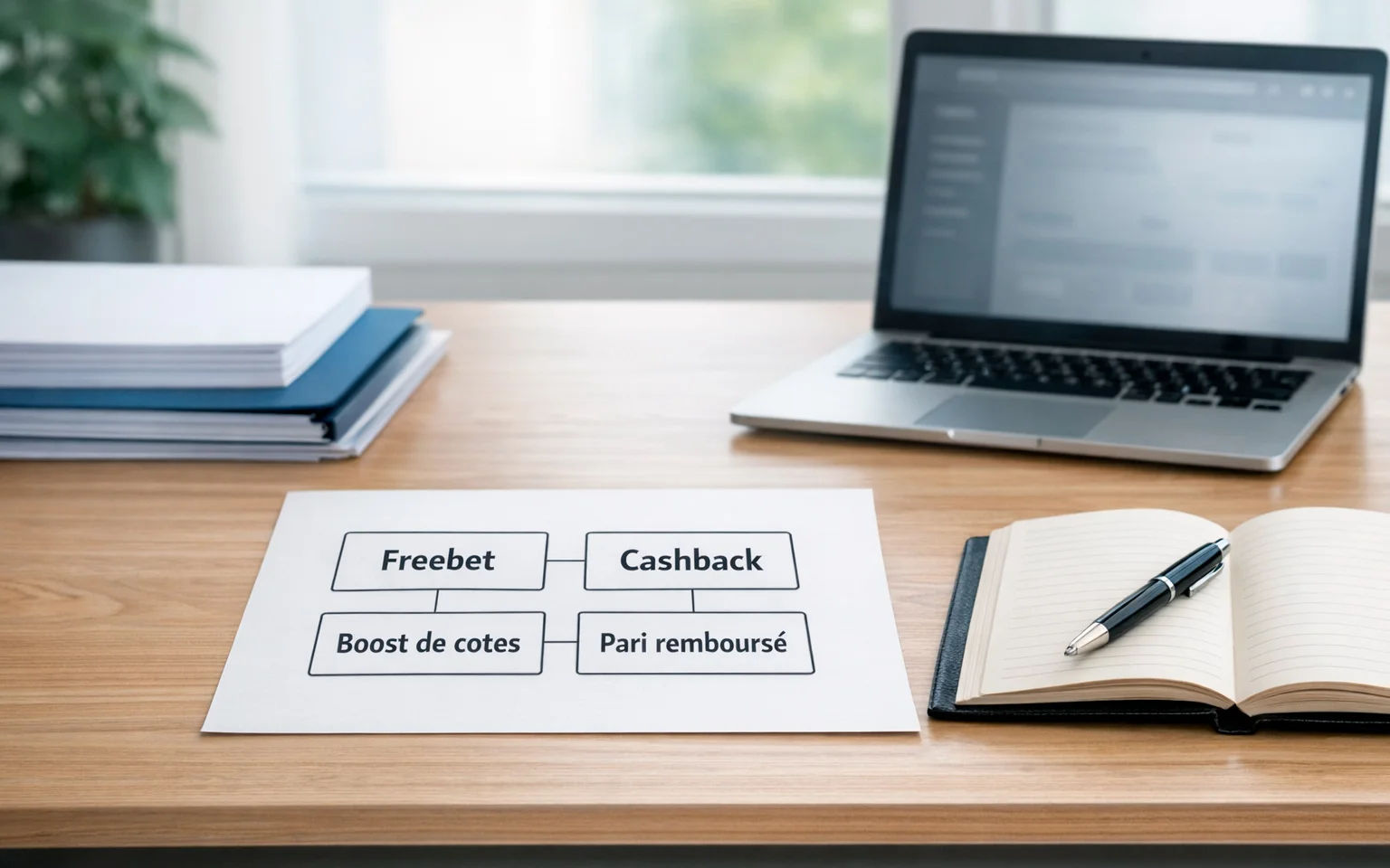 Documents et bloc-notes sur un bureau représentant différentes offres
