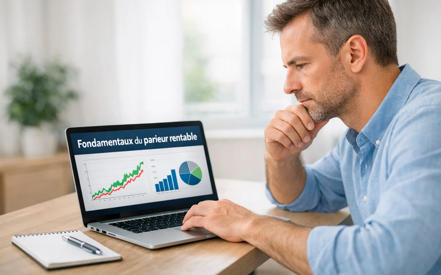 Personne analysant des données sur ordinateur portable avec carnet de notes