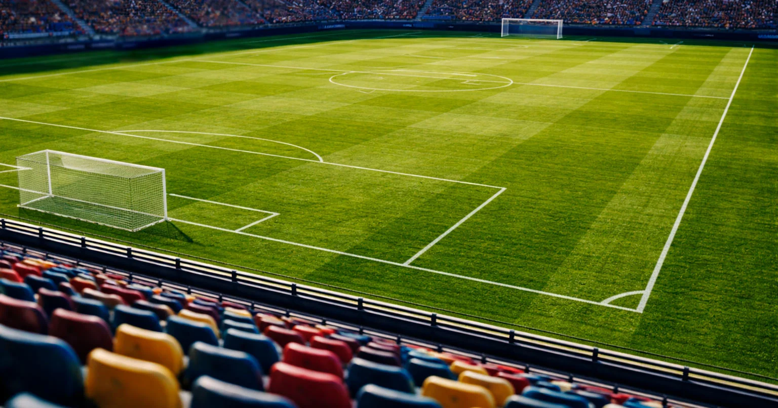Terrain de football vu des tribunes avec pelouse verte et lignes blanches