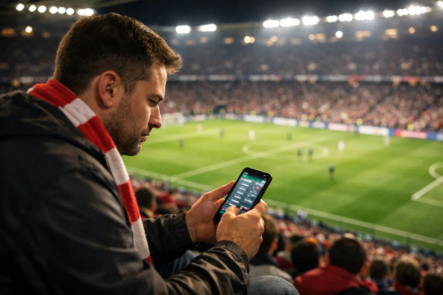 Supporter de football regardant un match en direct sur smartphone dans un stade