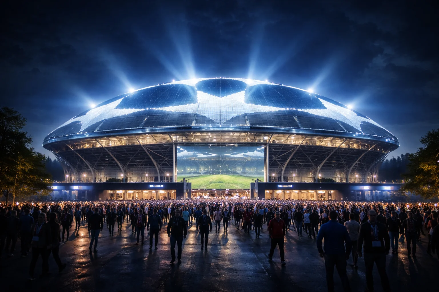 Stade de Ligue des Champions illuminé la nuit avec les étoiles du logo UEFA