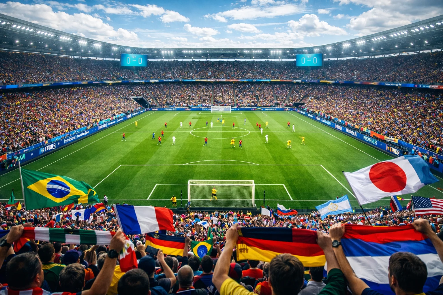 Stade de football rempli de supporters lors d'un match de Coupe du Monde