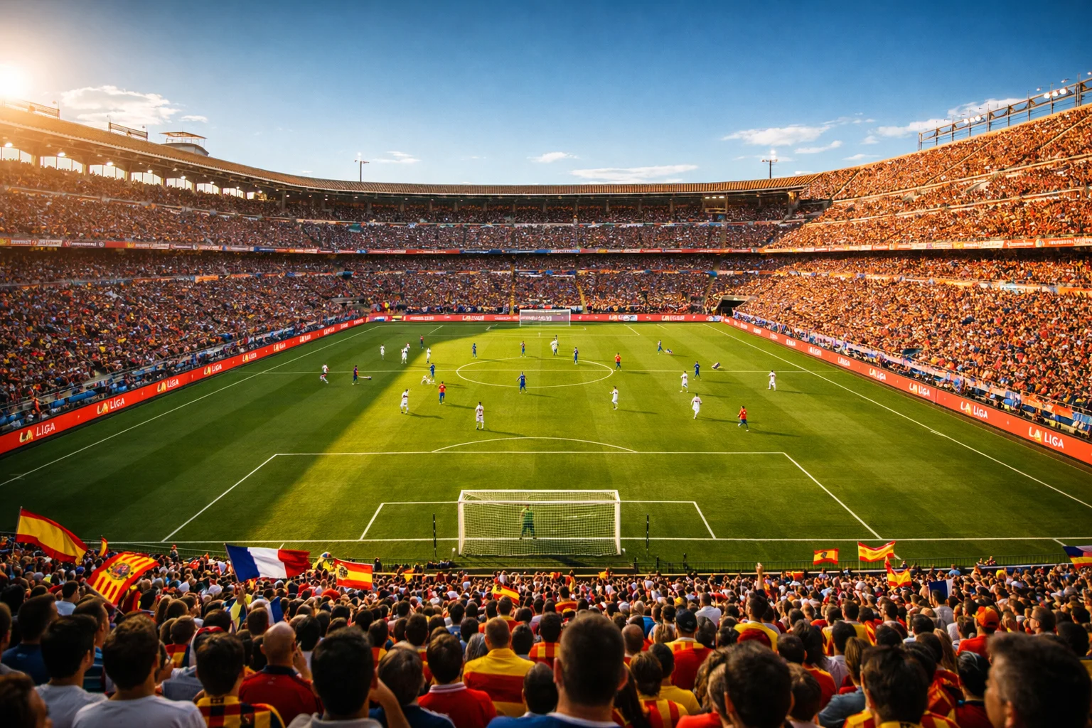 Stade de football espagnol ensoleillé lors d'un match de Liga