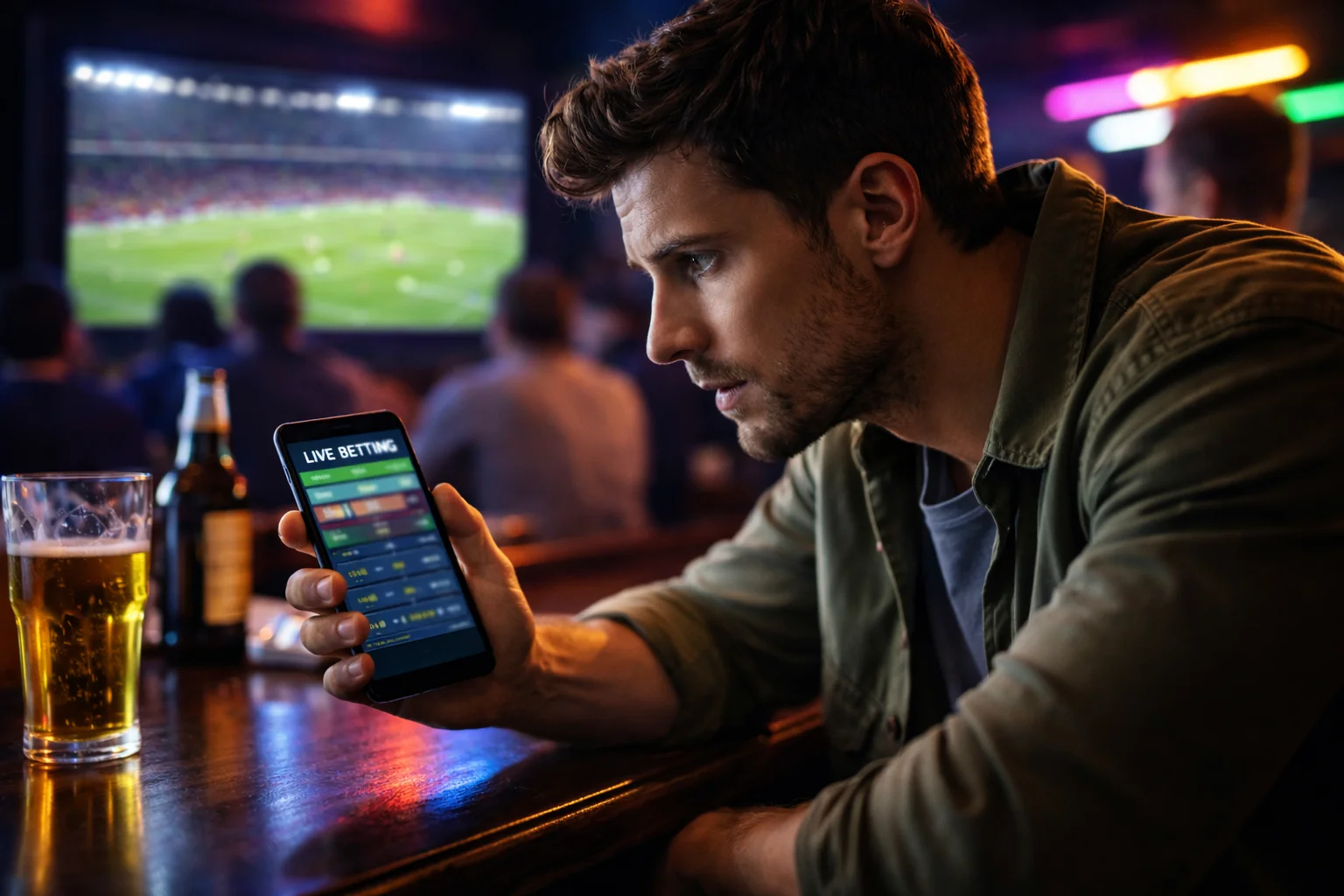 Parieur sportif regardant un match de football en direct sur son téléphone