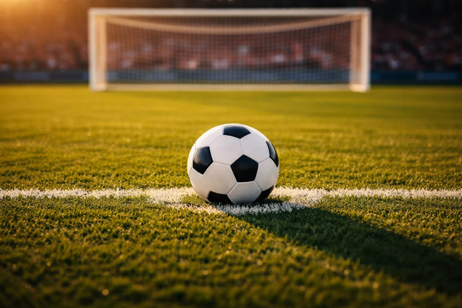 Ballon de football sur une pelouse verte avec un terrain de match en arrière-plan