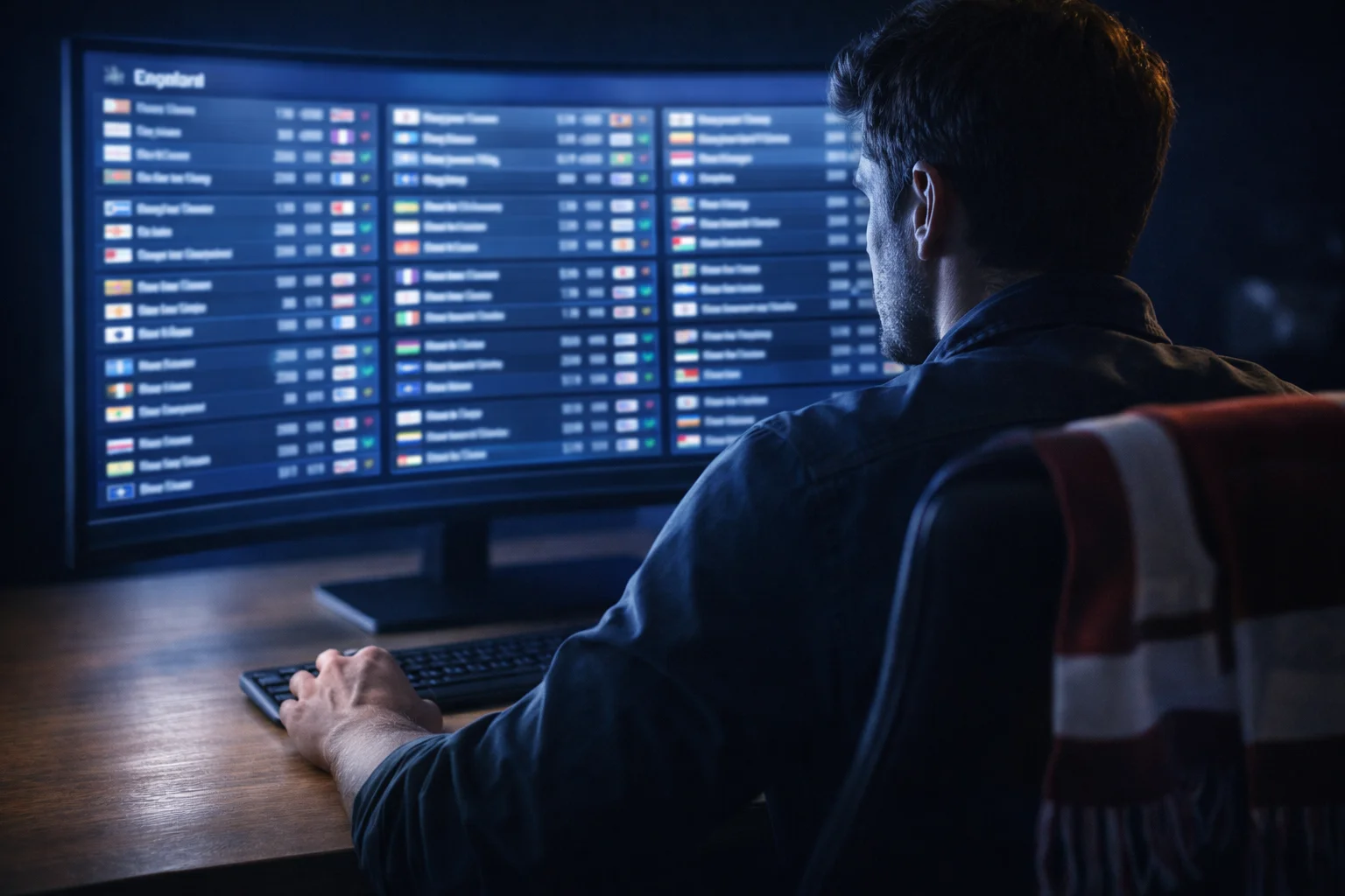 Parieur analysant plusieurs matchs de football sur un écran pour un pari combiné