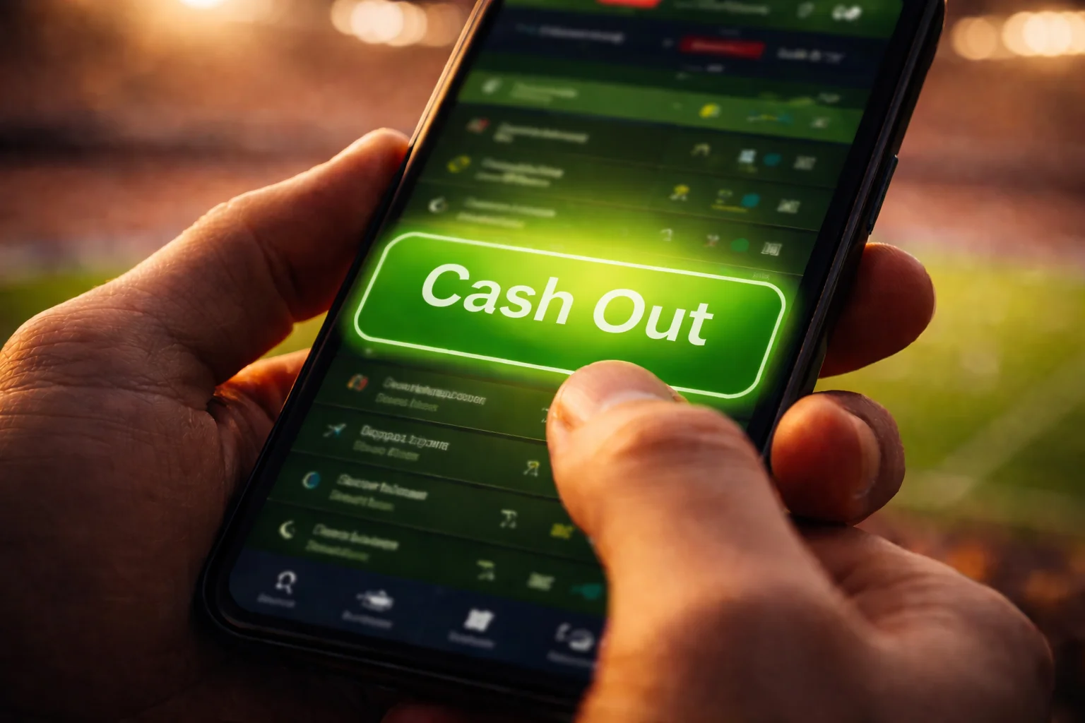 Main tenant un smartphone affichant une option de cash-out pendant un match de football