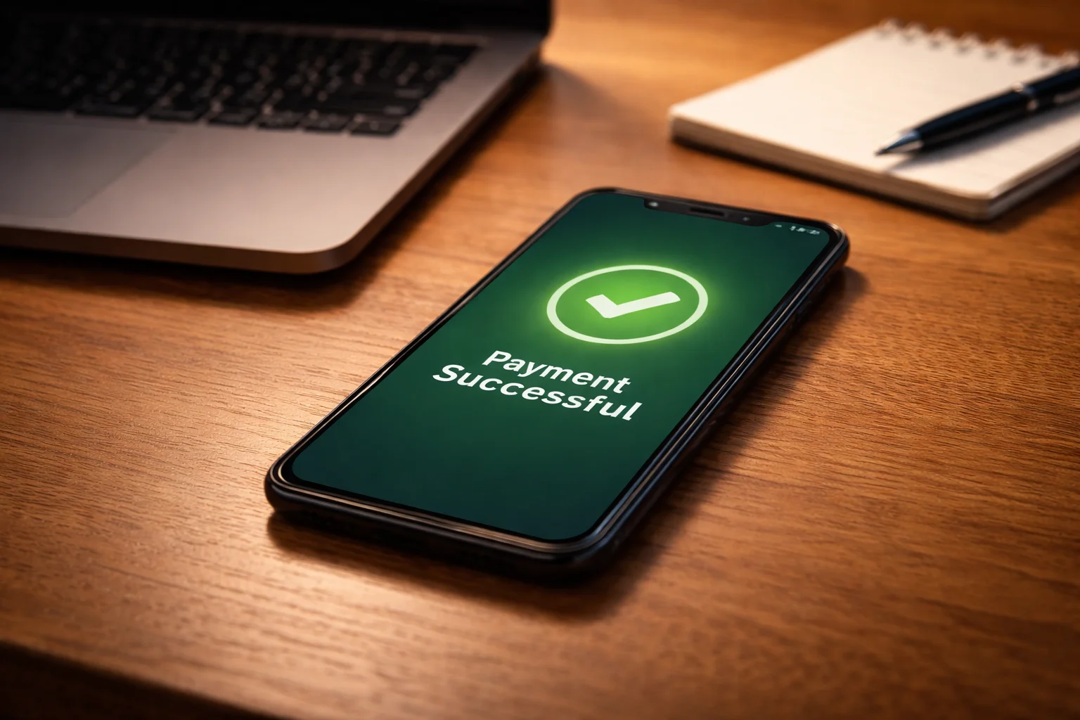 Smartphone affichant une confirmation de paiement à côté d'un ordinateur portable