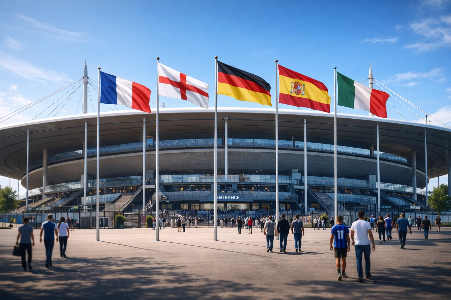 Stade de football européen avec drapeaux nationaux pour l'Euro 2028