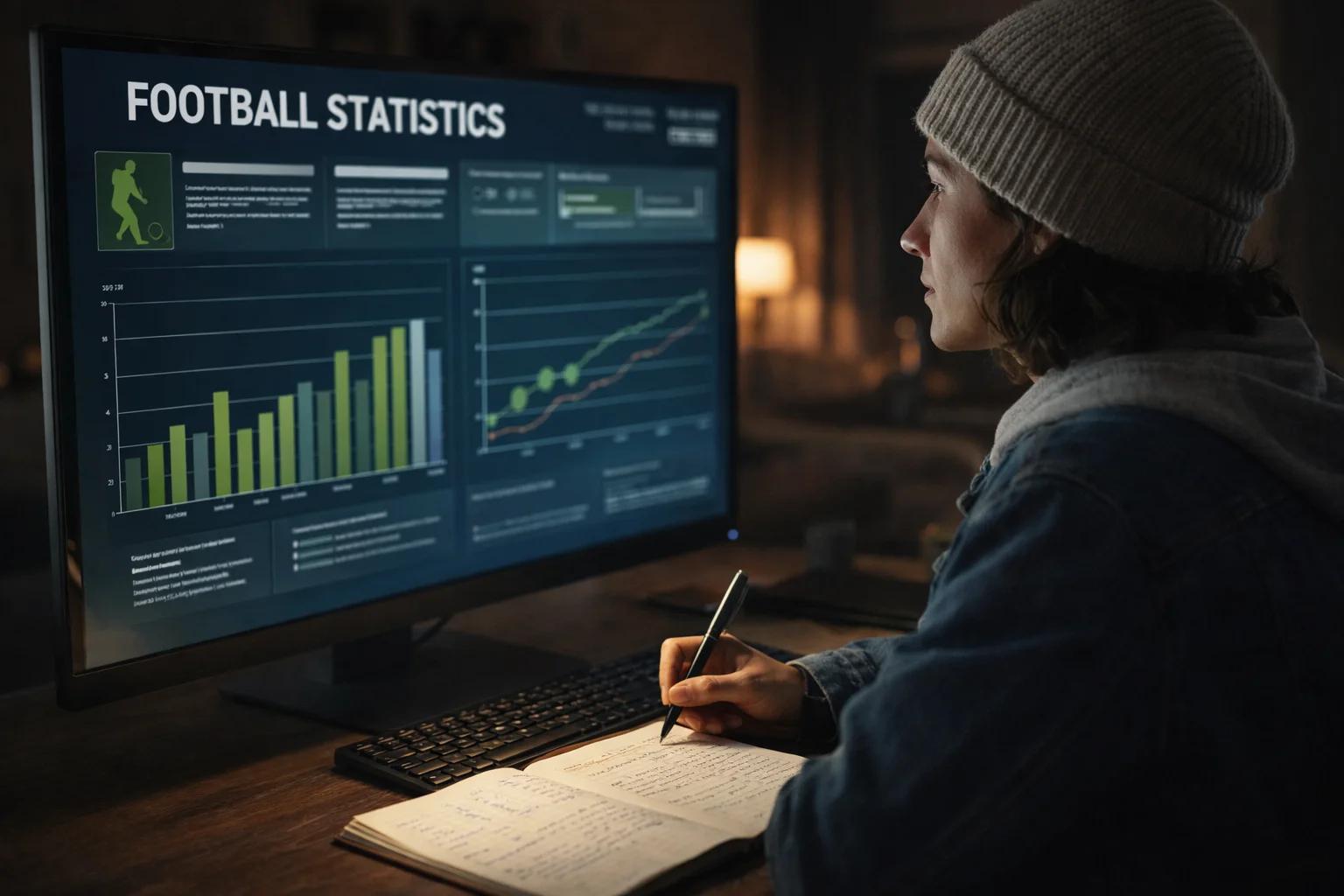Analyste étudiant des statistiques de football sur un écran d'ordinateur