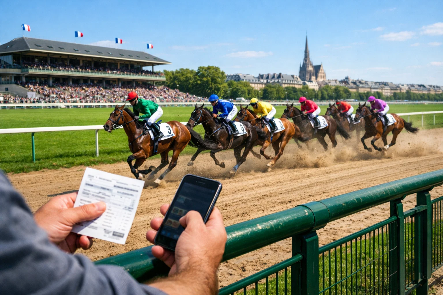 Hippodrome français avec course de chevaux et paris sportifs en arrière-plan