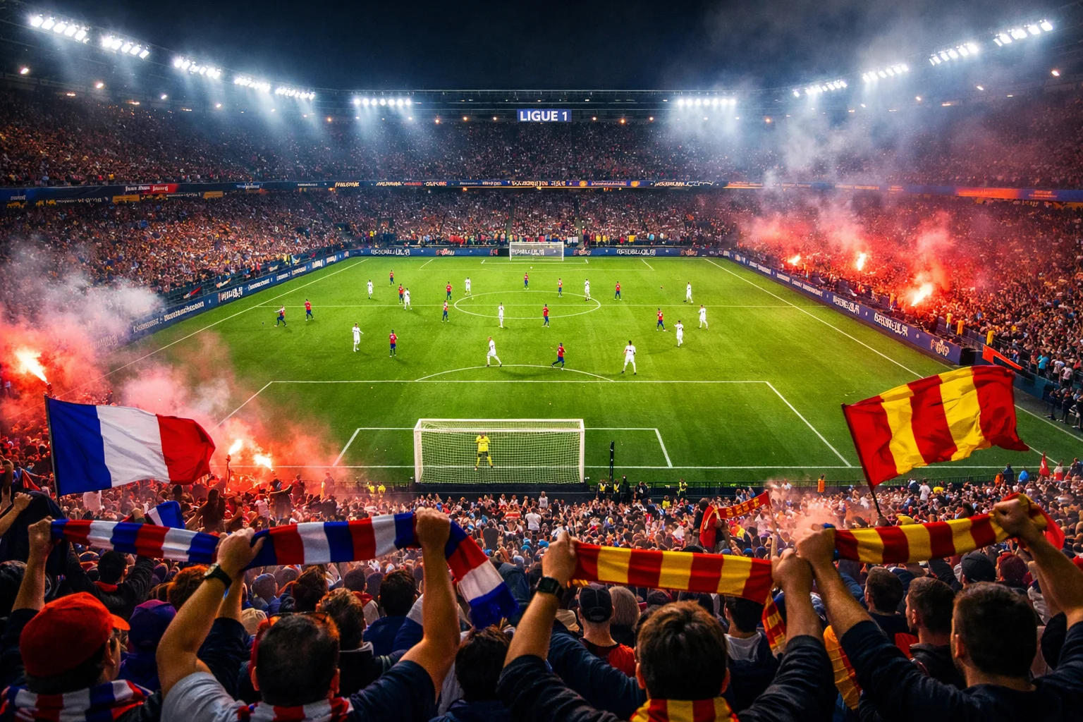 Match de Ligue 1 dans un stade français avec supporters en tribunes