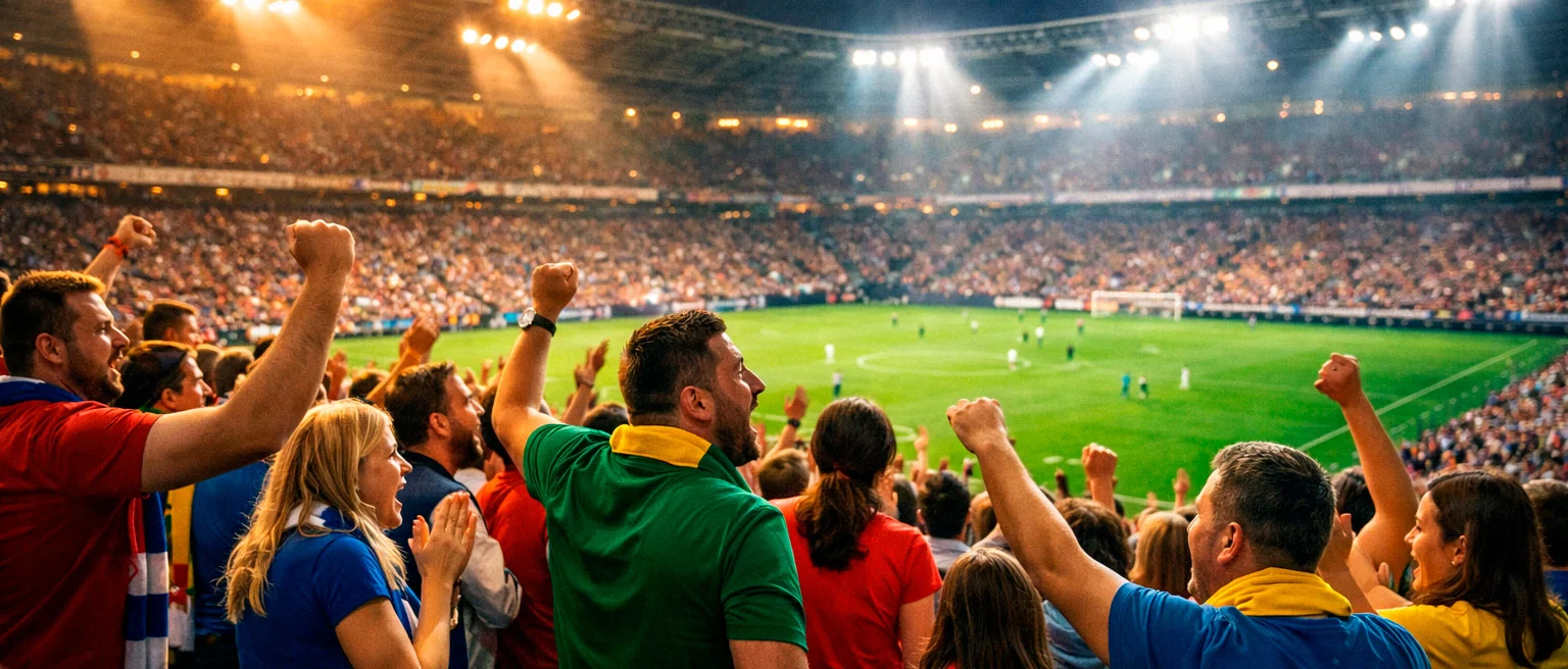 Supporters dans un stade de football regardant un match en soirée avec ambiance électrique