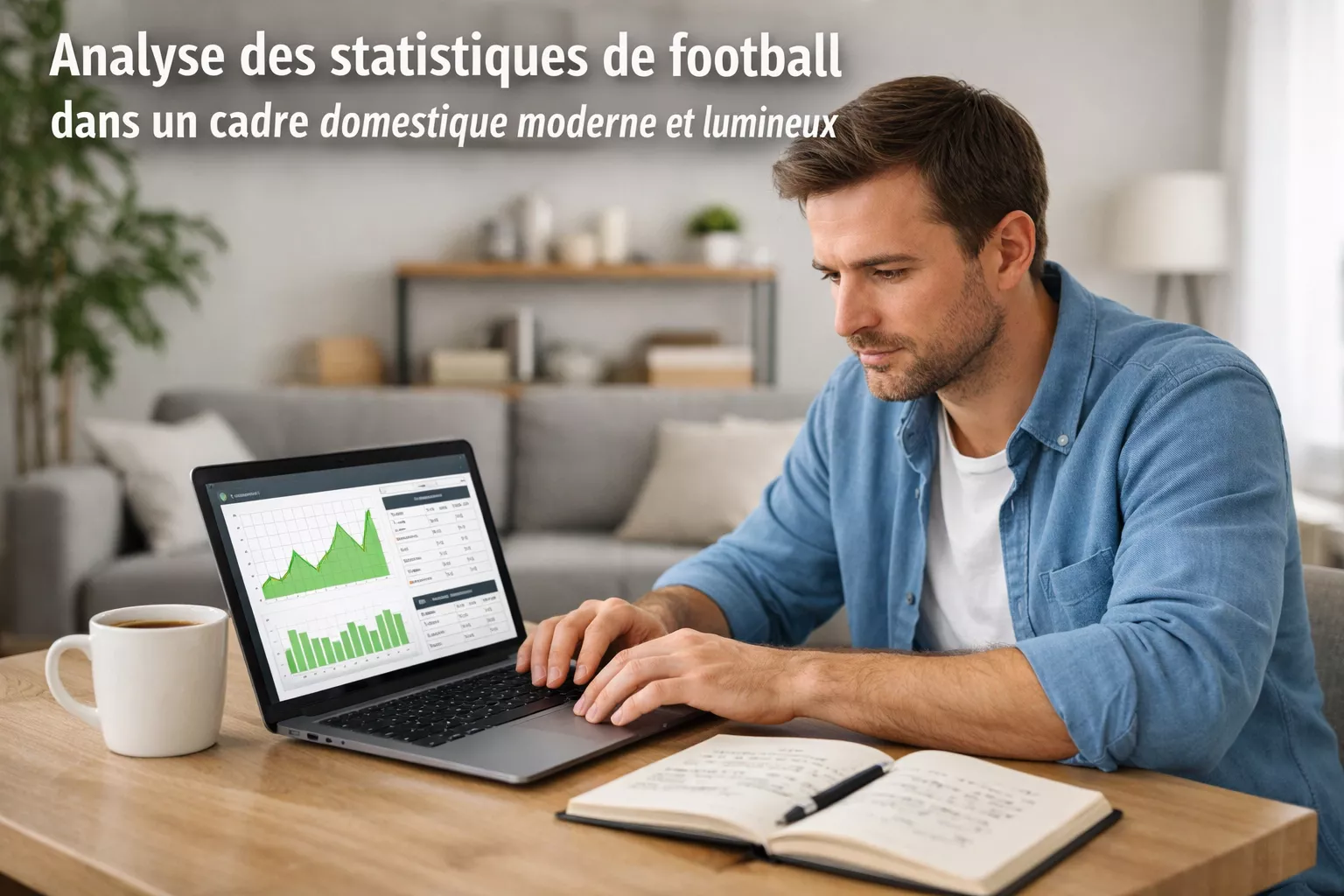 Homme analysant des statistiques de football sur un ordinateur portable dans un salon moderne